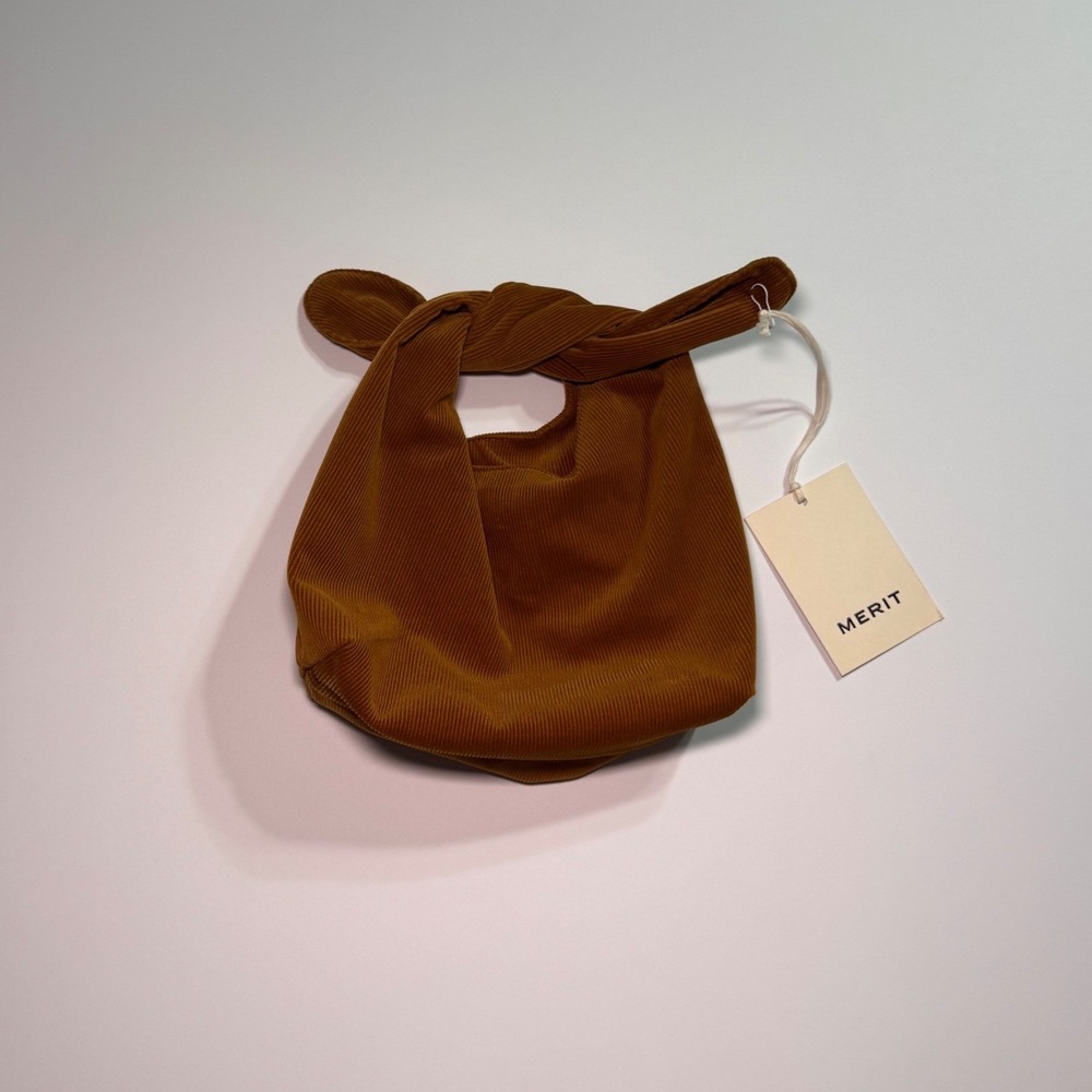 Merit Beauty Signature Bag Corduroy Ochre Brown Knotted Handle Tote NWT